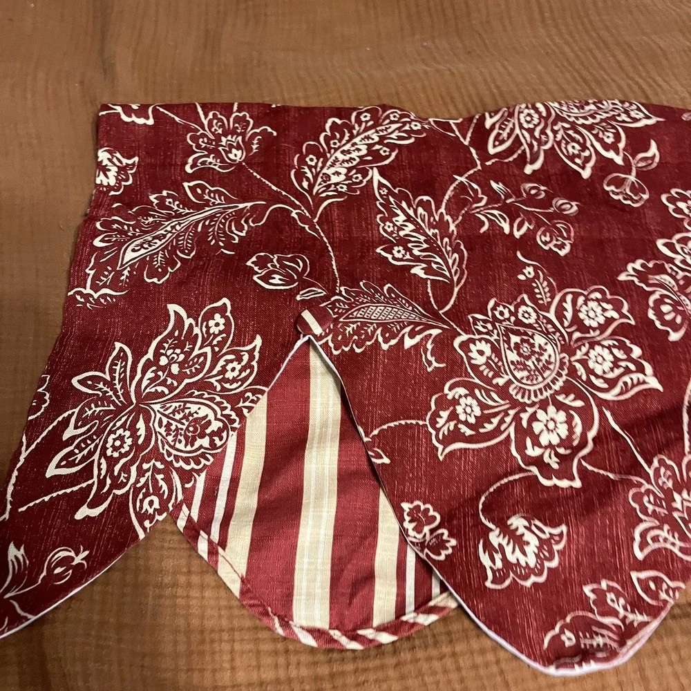 2 VTG Floral Window Valance Red White Stripe Double Layer Scalloped 52